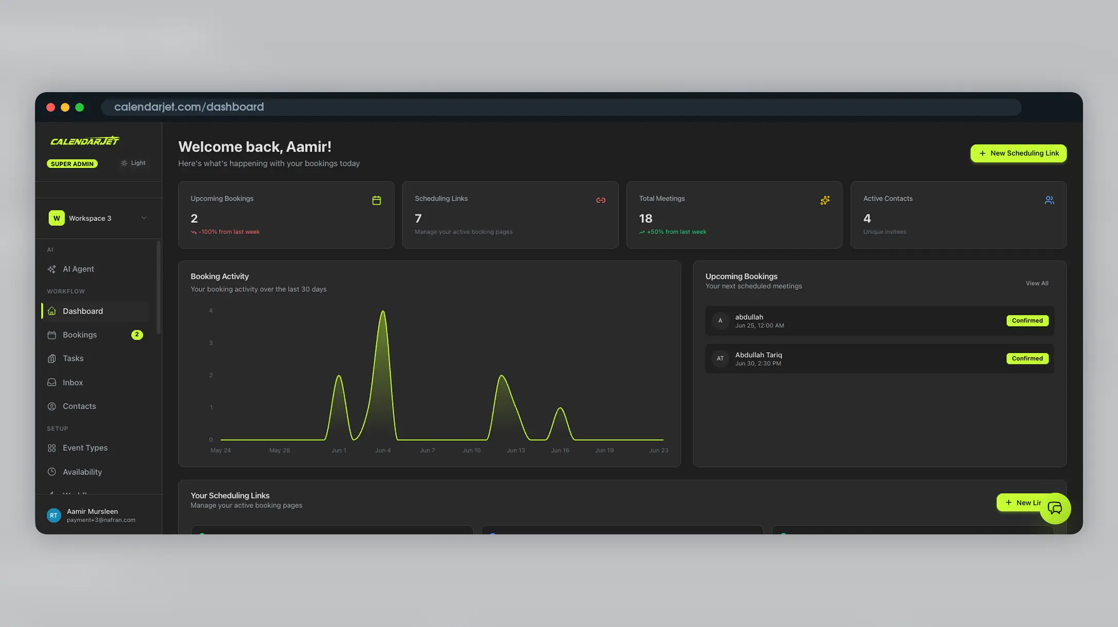 CalendarJet scheduling dashboard in a dark Mac browser frame