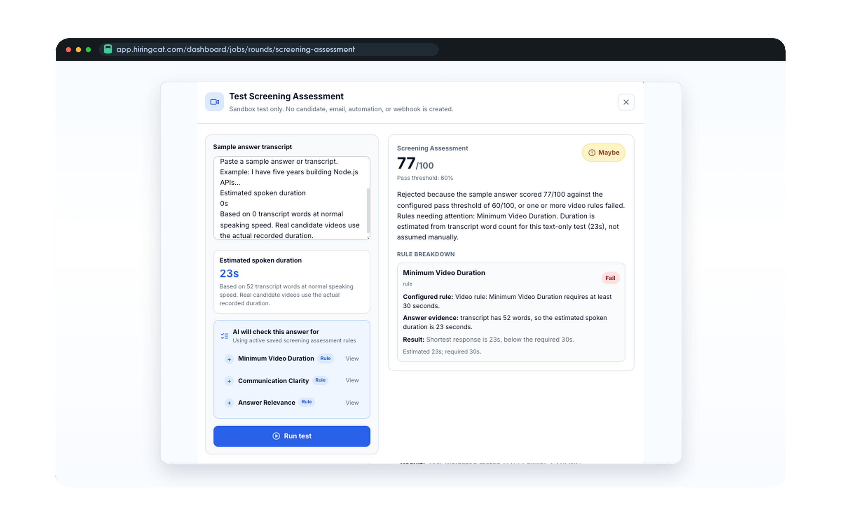 HiringCat screening assessment scorecard with mac browser header