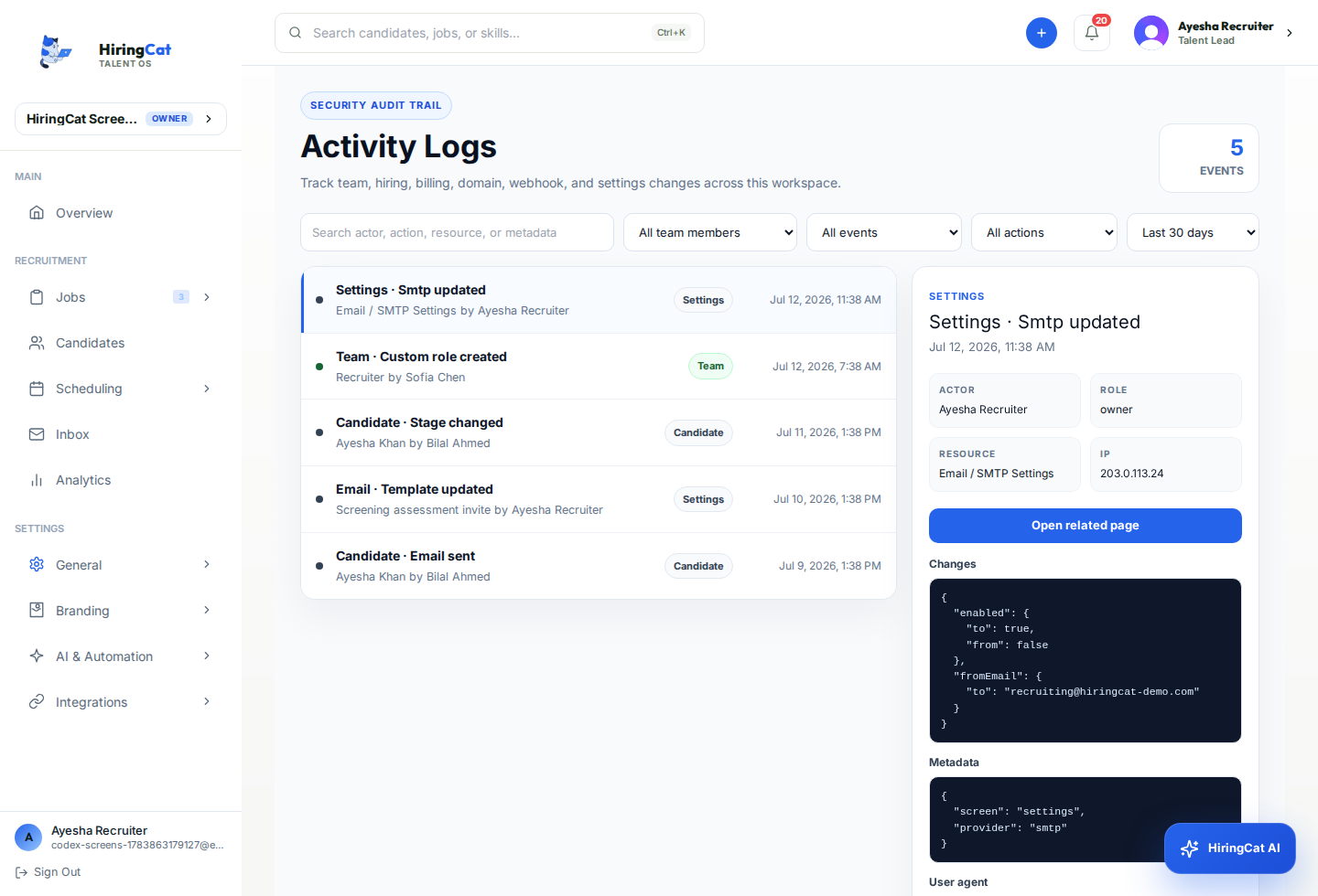 HiringCat activity logs used for support context