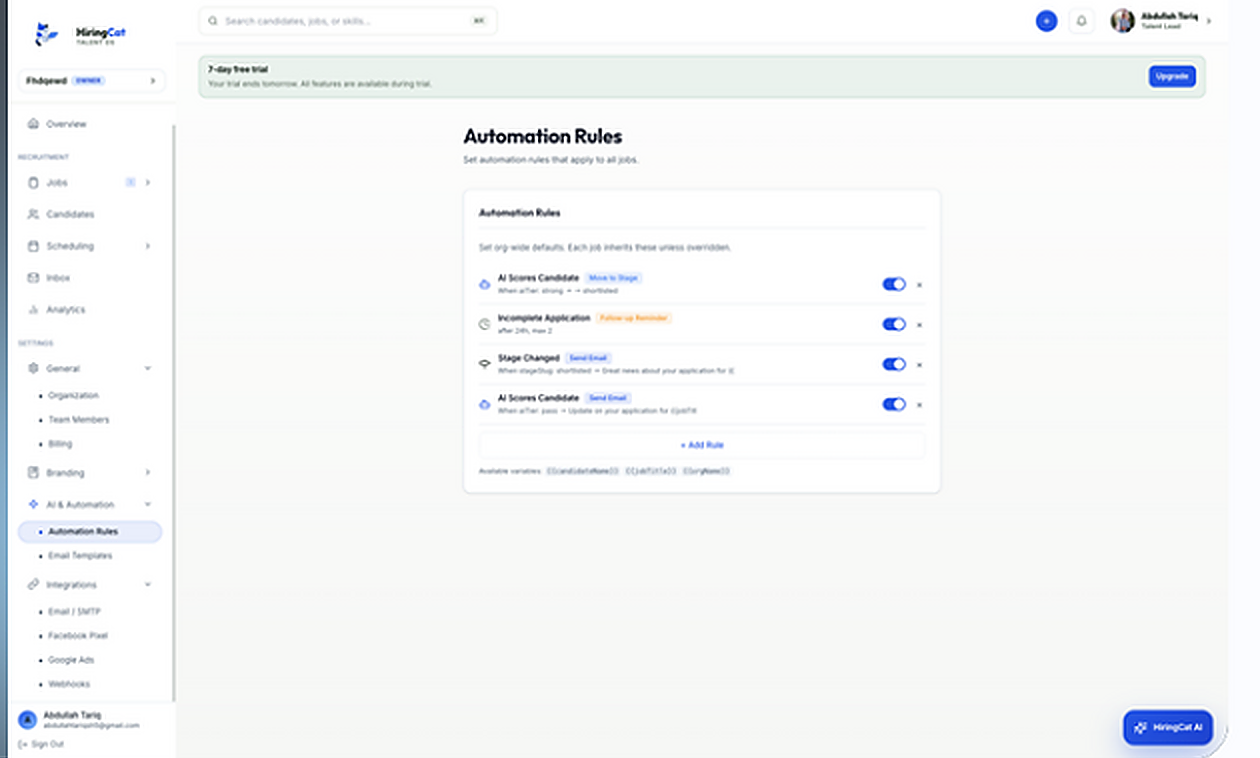 HiringCat automation proof view for hiring workflows