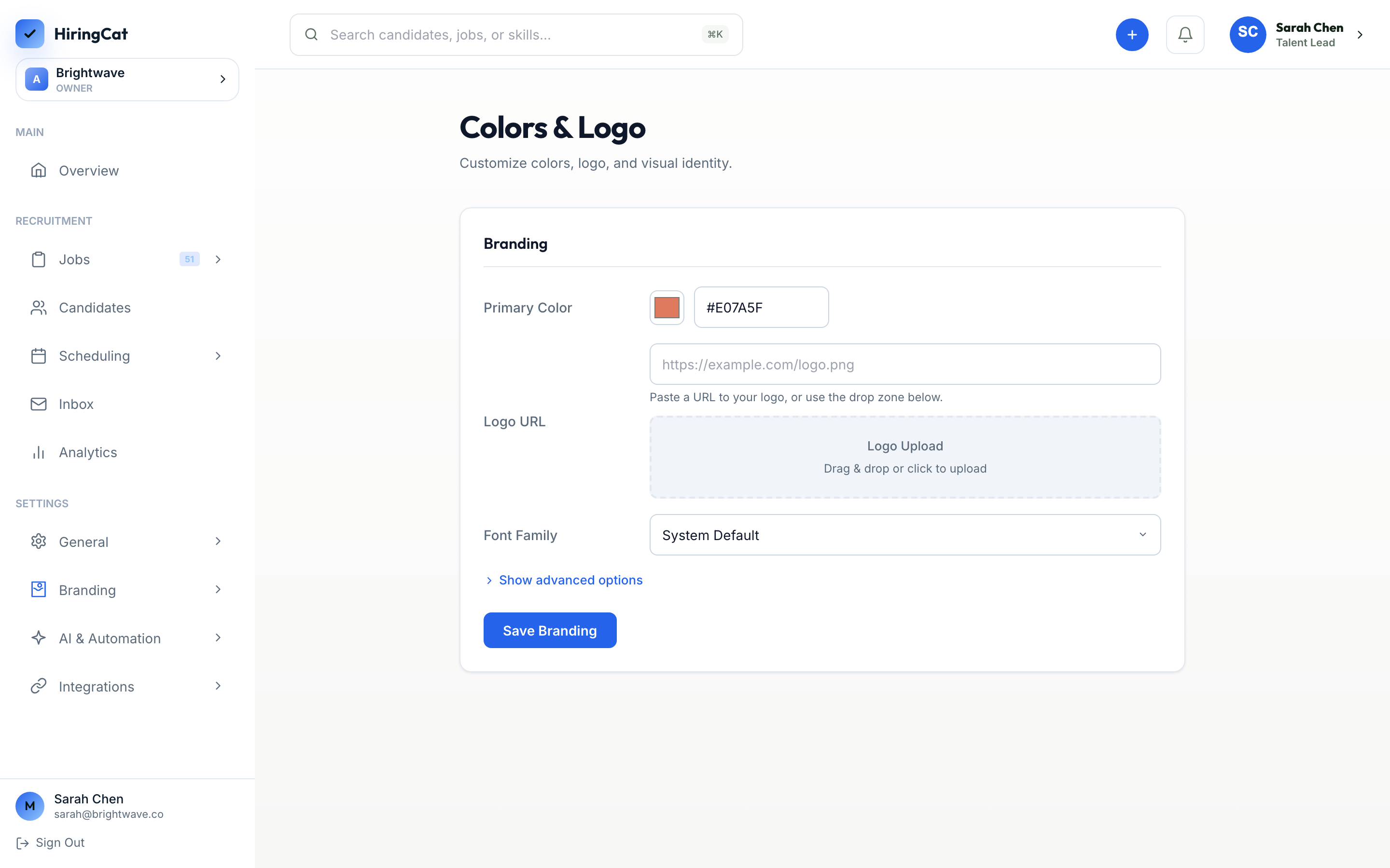 HiringCat branding and email configuration