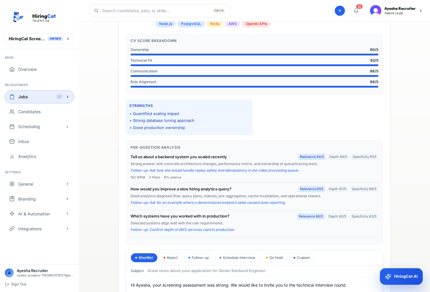 HiringCat completed screening assessment responses compared across candidates
