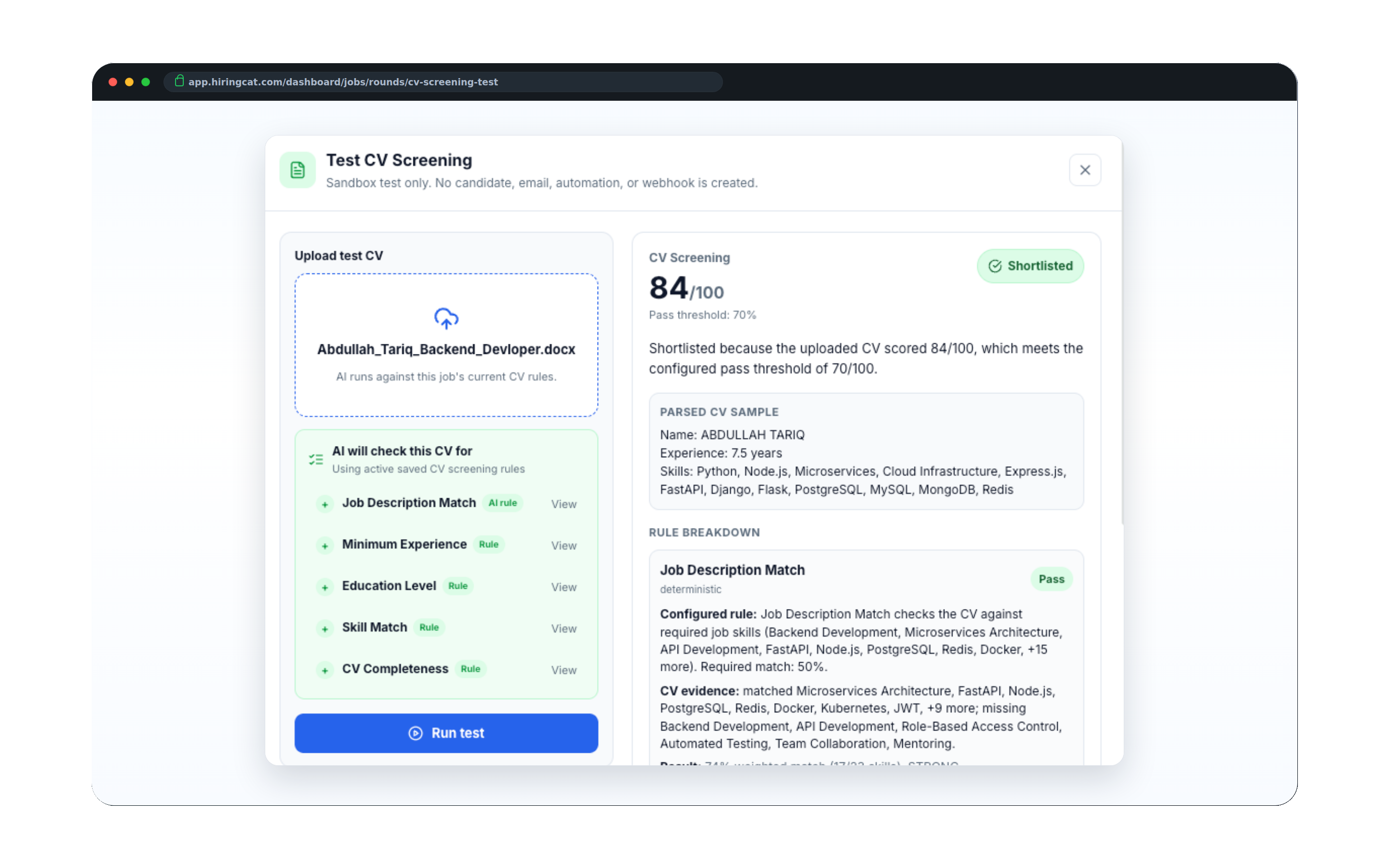 HiringCat AI CV screening score and shortlist result