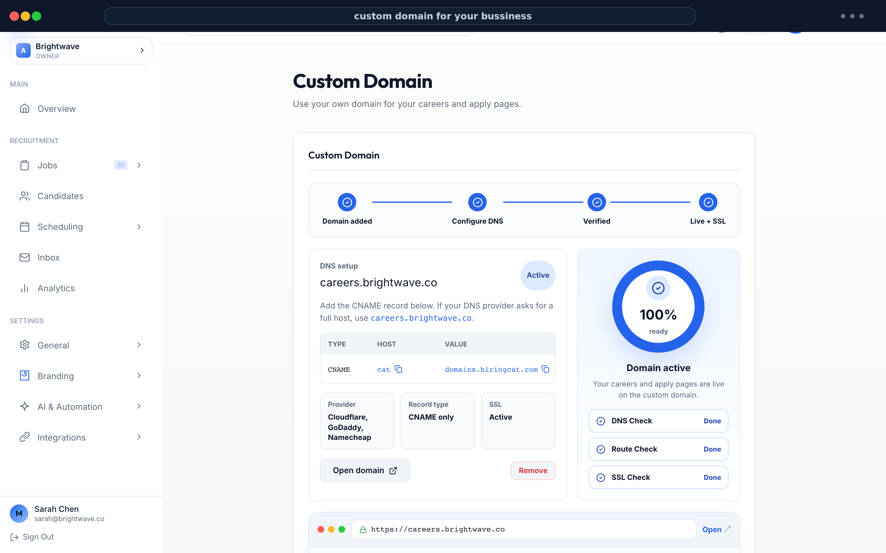 HiringCat custom domain settings with a dark browser header and careers domain ready with SSL