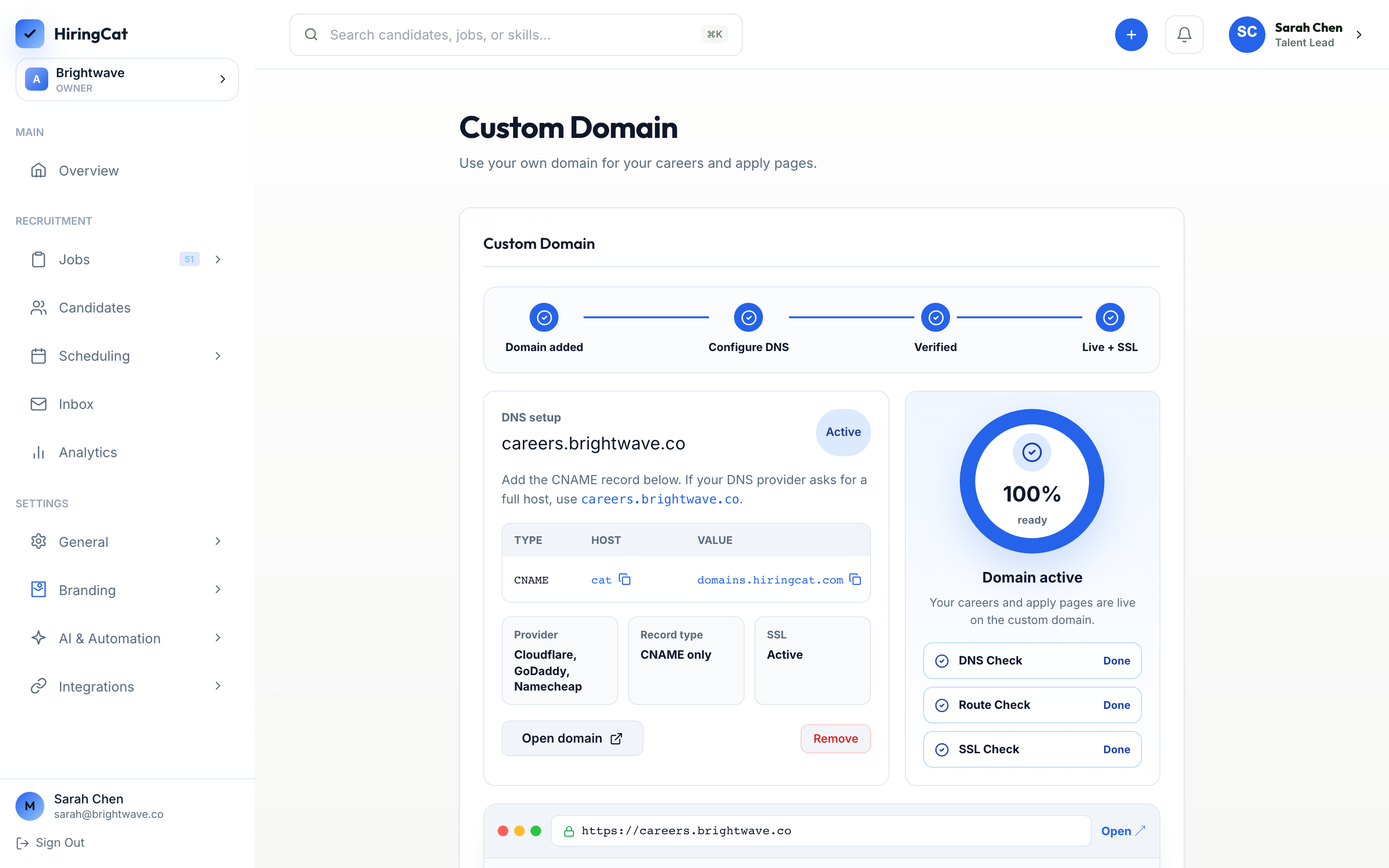 HiringCat domain configuration screen