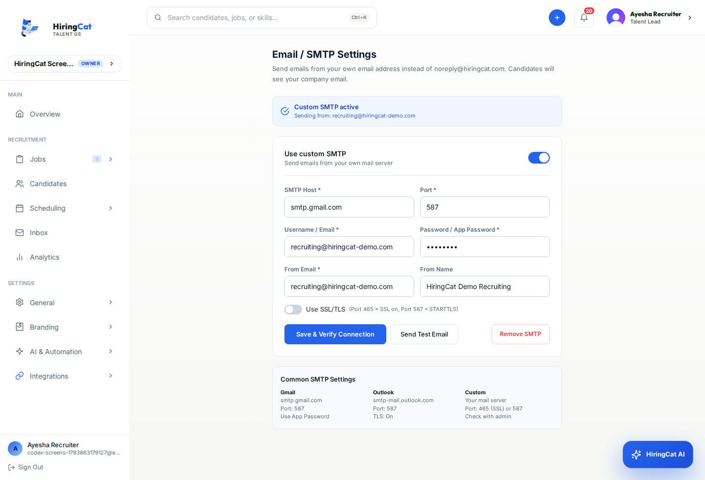 HiringCat SMTP integration settings with custom sender configured