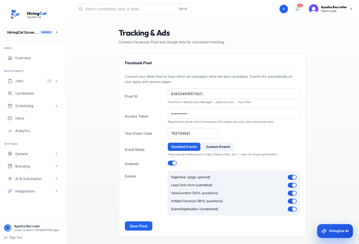 HiringCat Meta Pixel source tracking settings for candidate conversion events