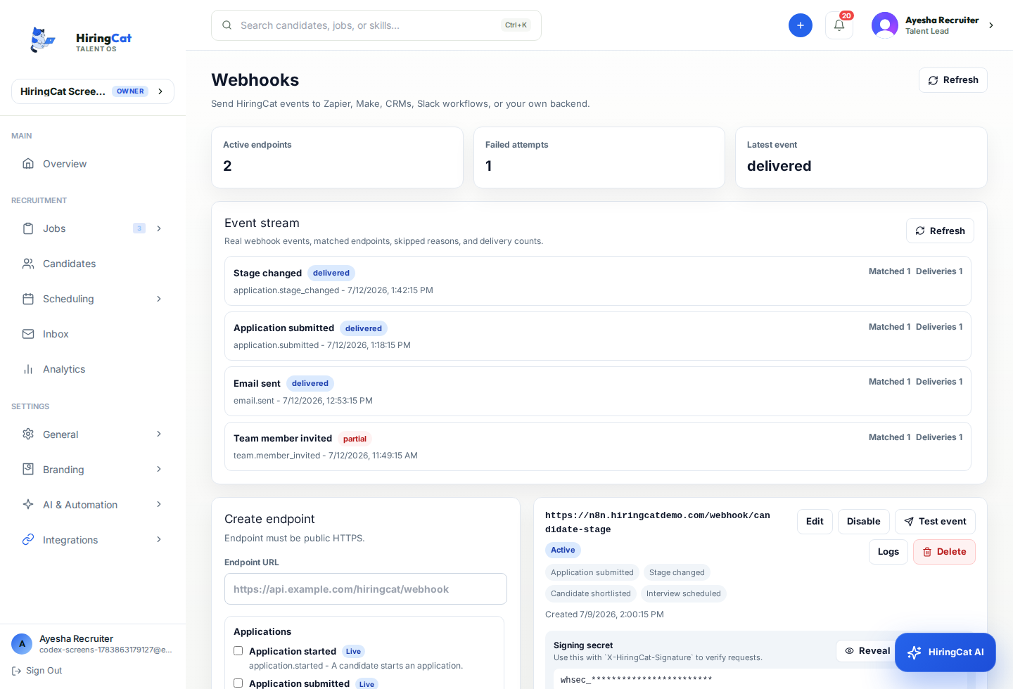 HiringCat webhooks event stream dashboard with endpoint and delivery status