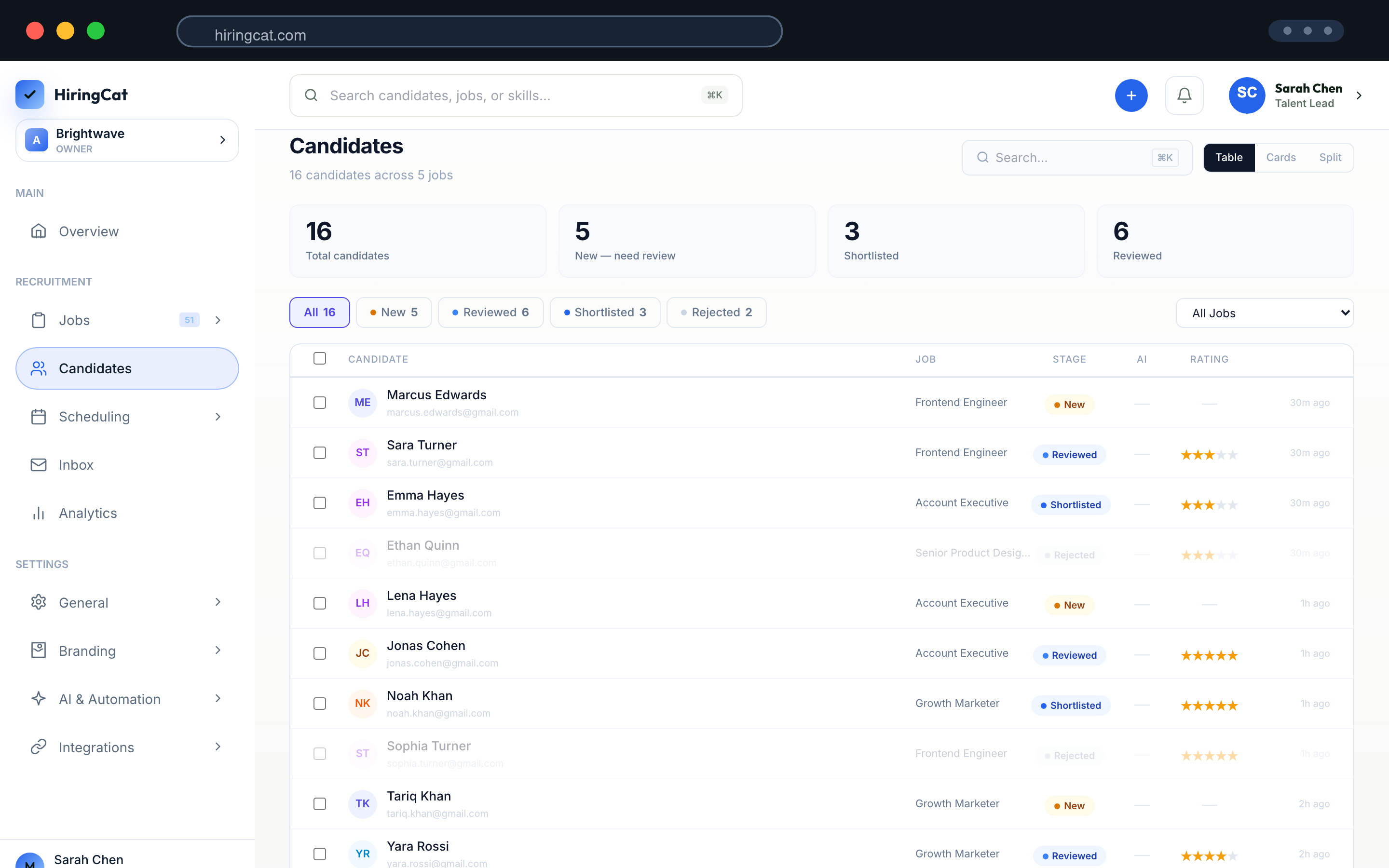HiringCat candidate pipeline feeding analytics