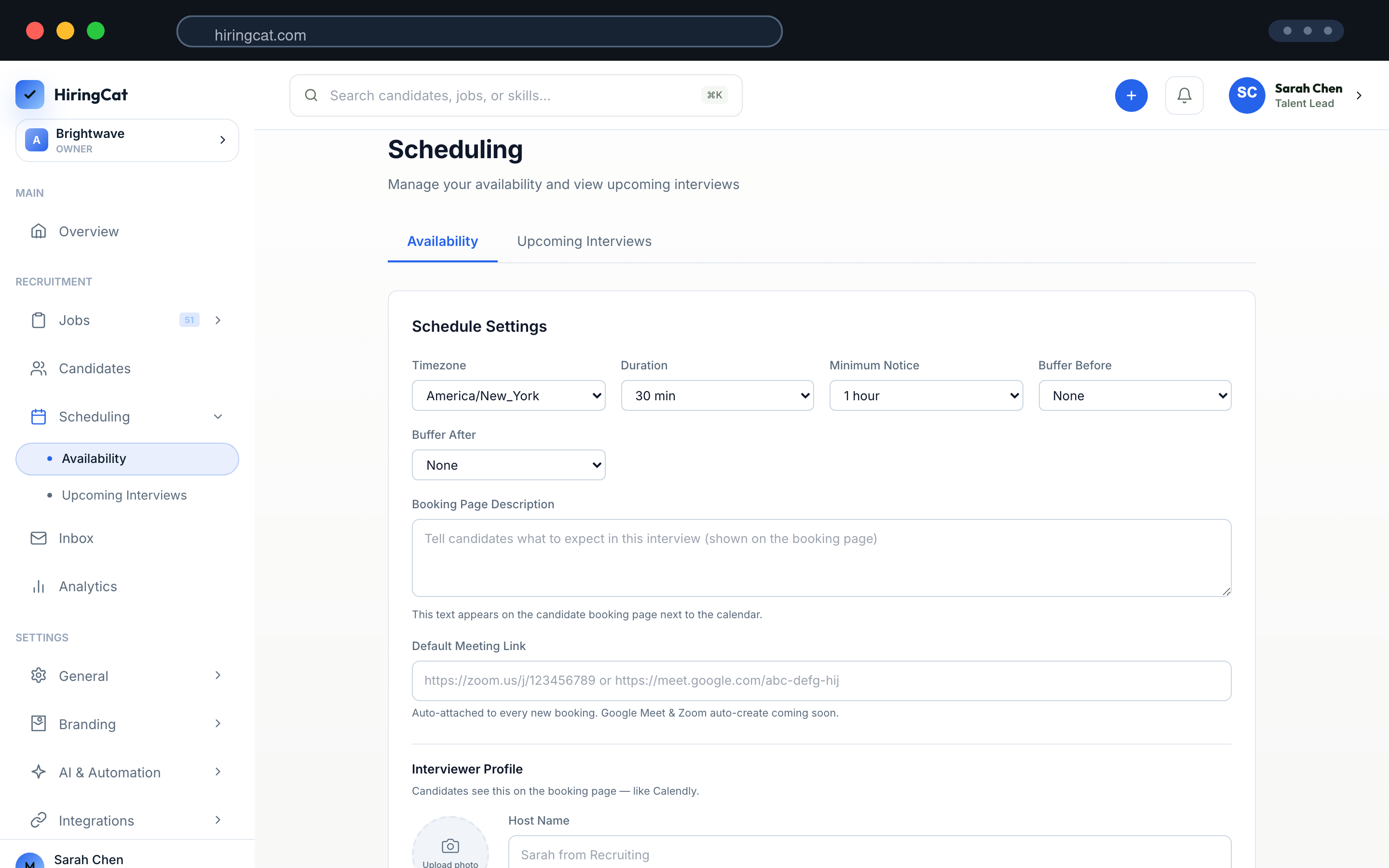 HiringCat scheduling settings for booking top candidates