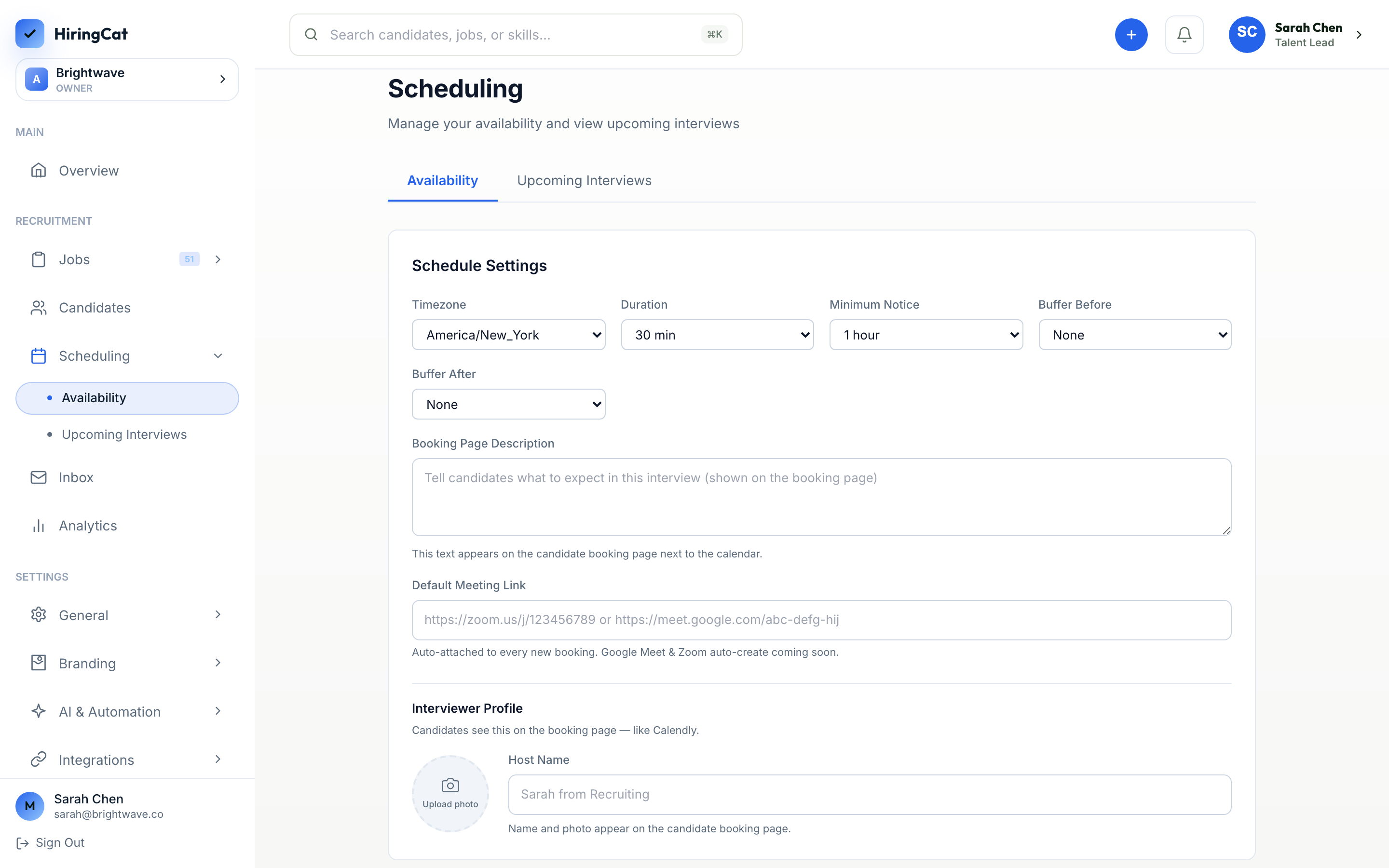 HiringCat scheduling workflow connected to candidates