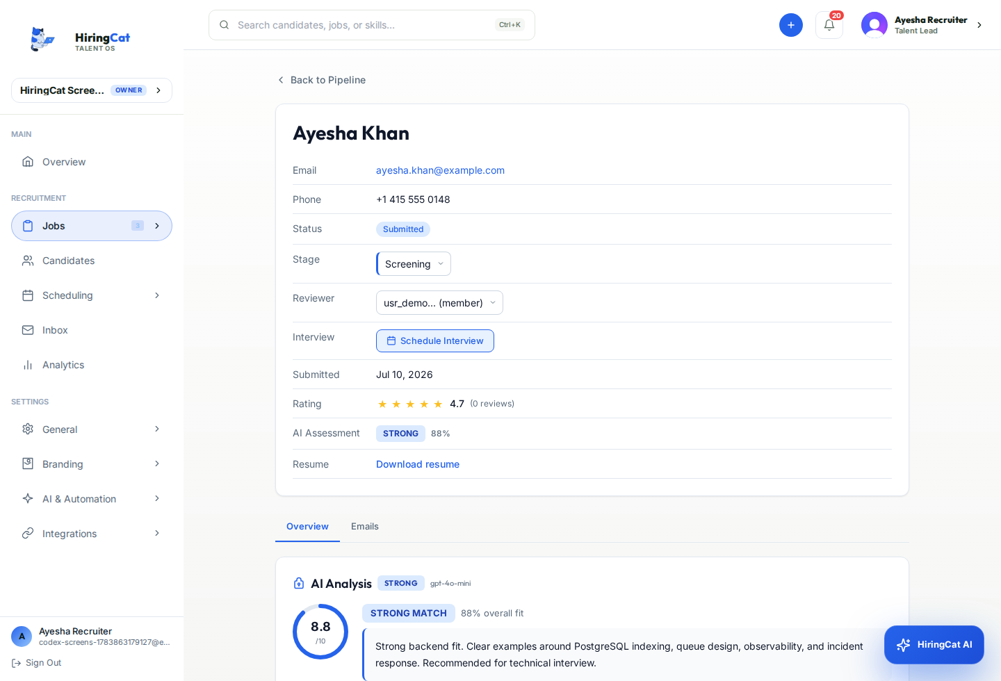 HiringCat screening assessment and remote candidate review